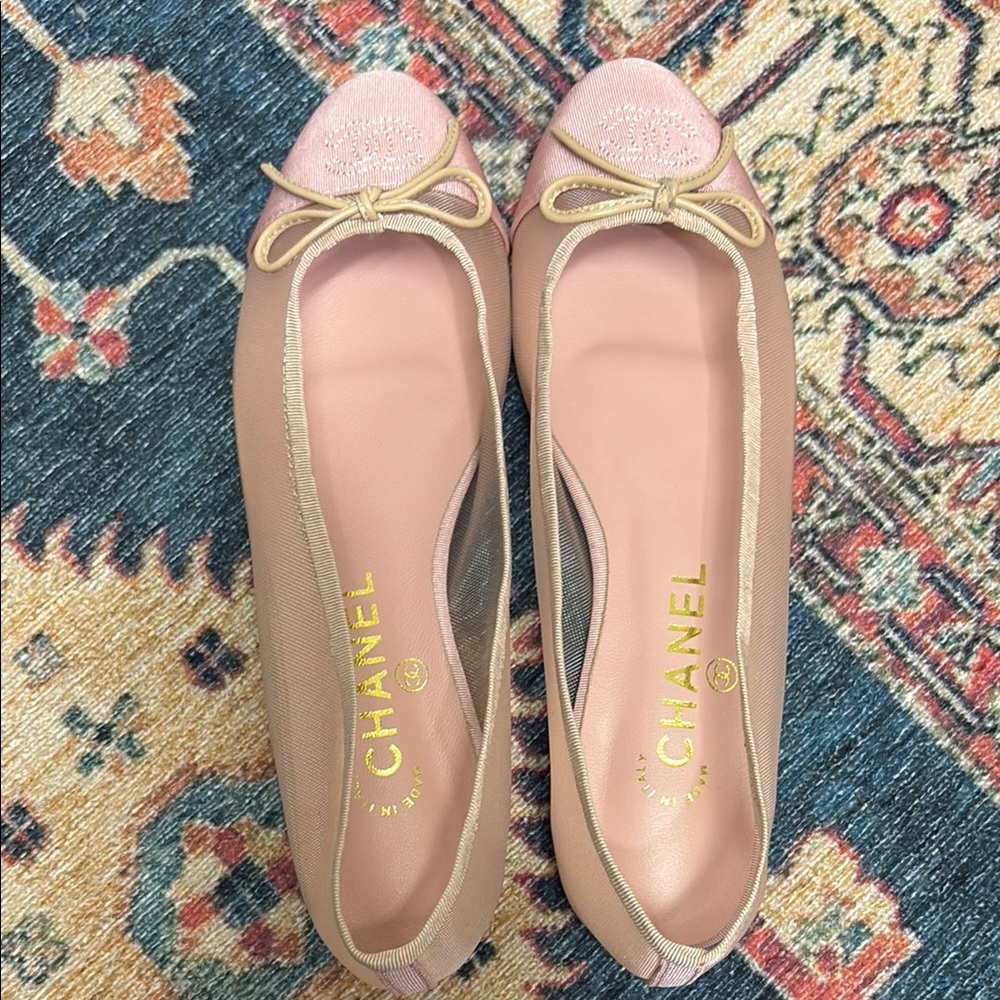 Blush Pink & Beige Ballet Flats with Bow